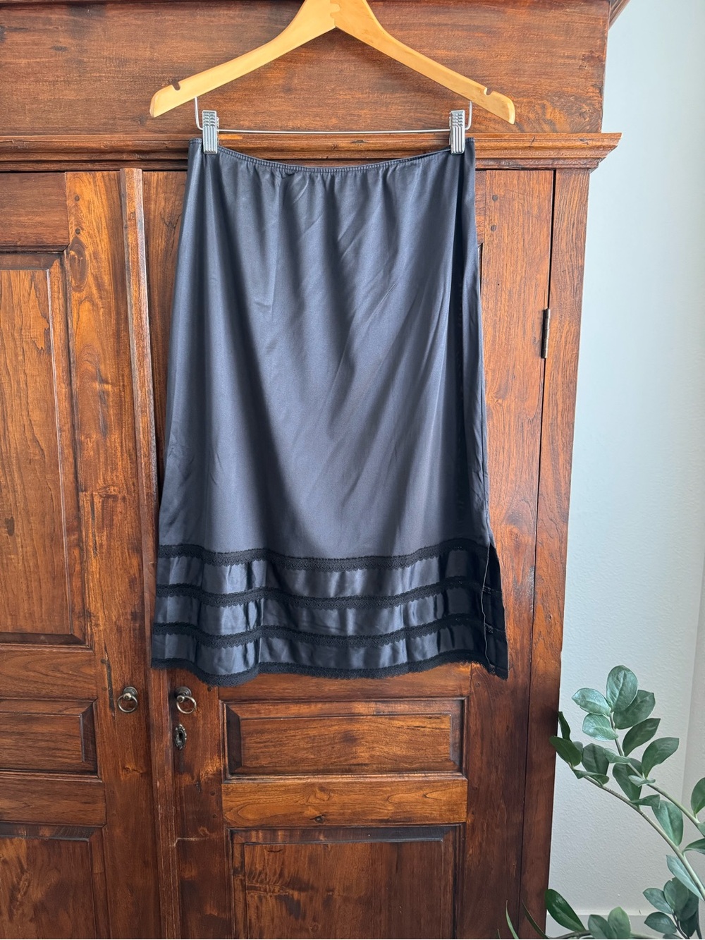 Vintage Sears black slip skirt with lace trim knee length